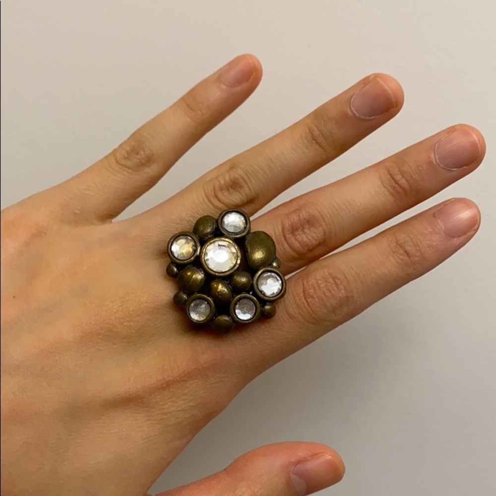 BCBG Antique Gold Bubble Ring with Clear Gemstones